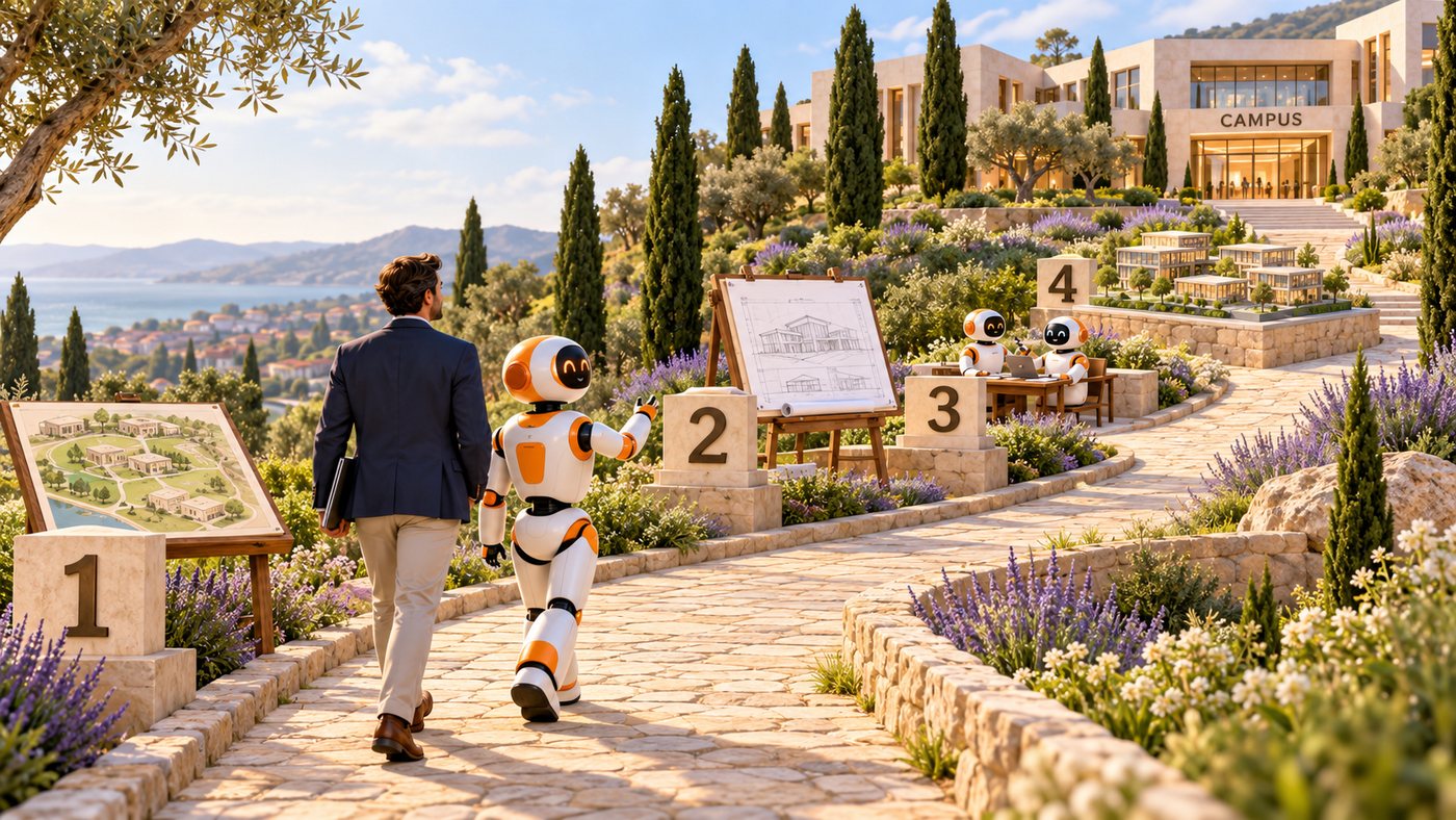 Un percorso a quattro tappe tra gli ulivi che porta al Campus, con un robot che accompagna una persona