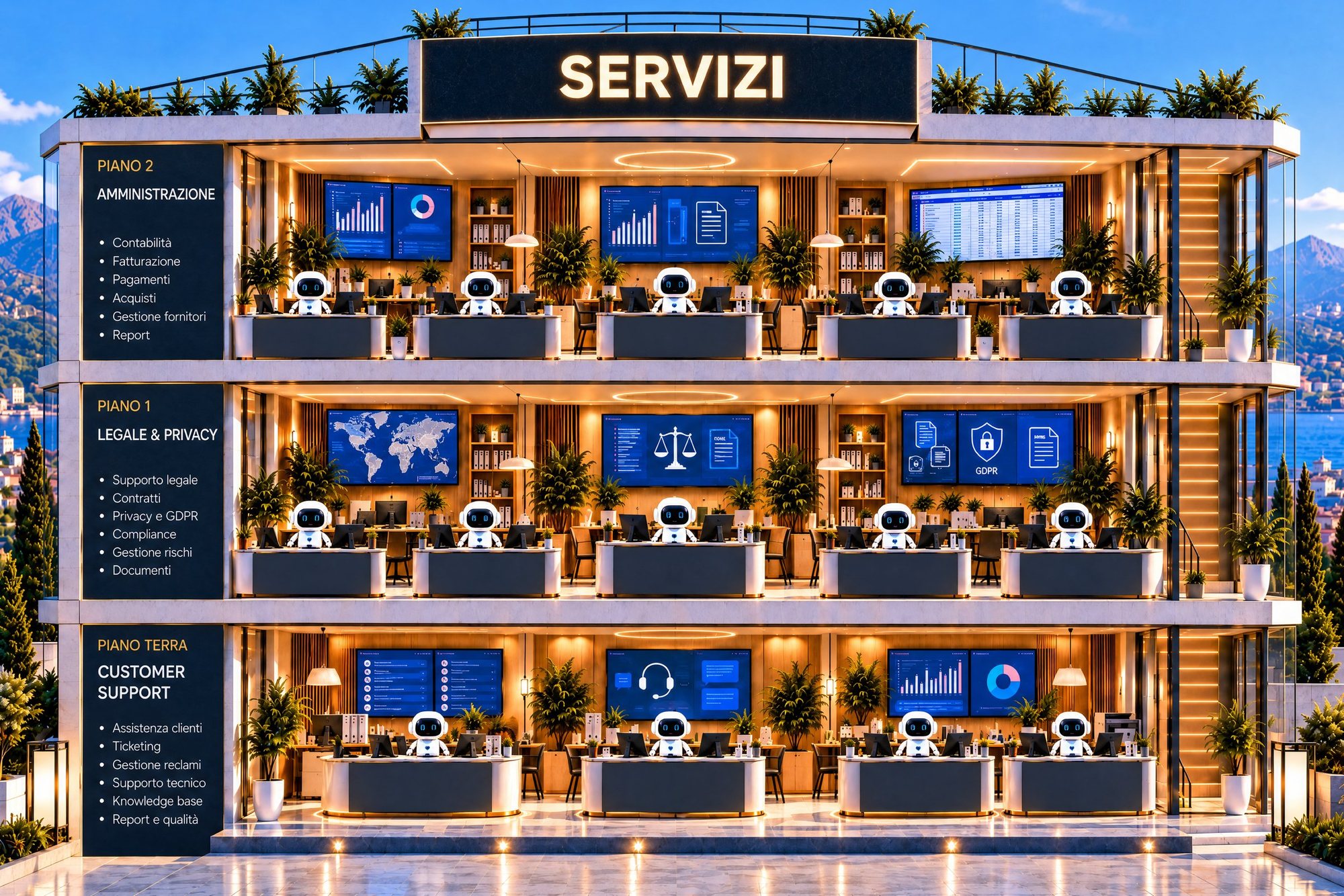 Interno della palazzina Servizi: amministrazione, legale e privacy, customer support, con un agente per ogni scrivania